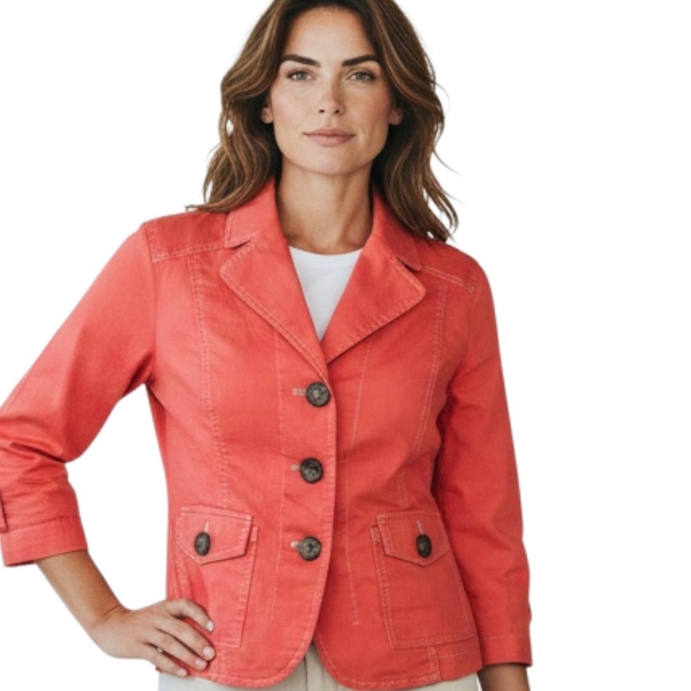 Coldwater Creek size 10 Petite Large Orange Button up Trench Shirt Jacket